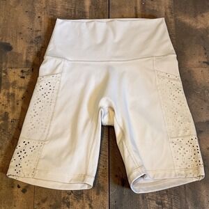 Aerie Laser Cut High Waisted 7" Bike Shorts, Pockets, Sand/Tan,Small, Athleisure